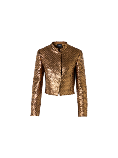 Designer Kurze Metal Braid Jacke mit Satindetails - Gold