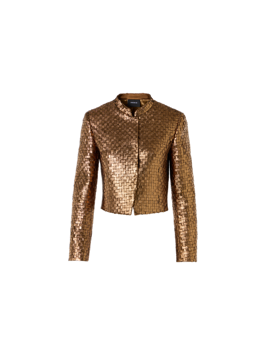 Designer Kurze Metal Braid Jacke mit Satindetails - Gold