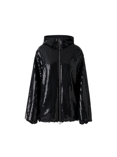 Designer Pailletten Chiffon Parka mit Kapuze - Schwarz