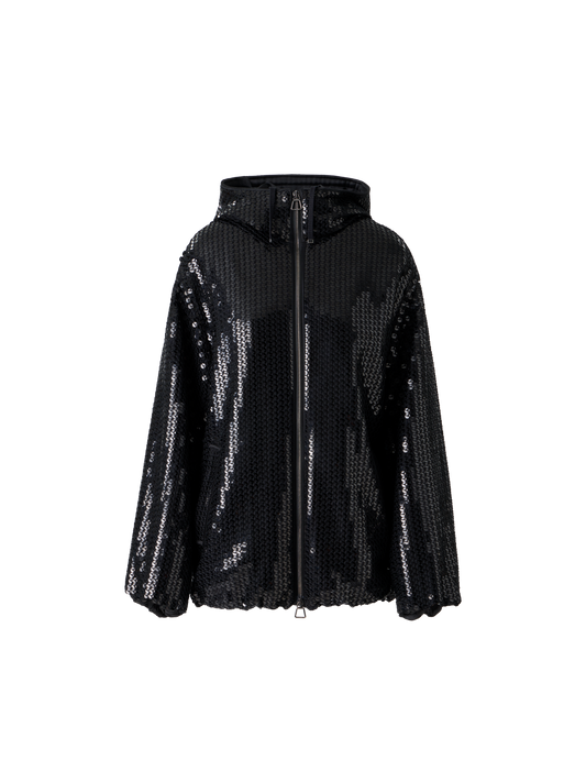 Designer Pailletten Chiffon Parka mit Kapuze - Schwarz