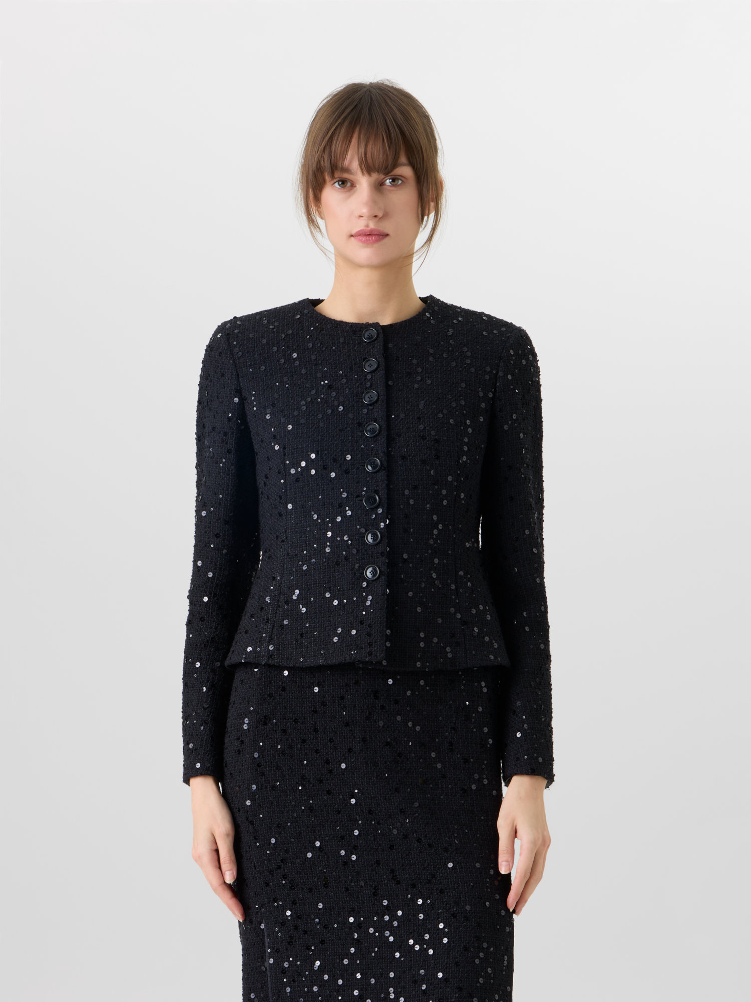 Designer Kelis Jacke aus Baumwoll-Wolle-Tweed mit Pailletten - Schwarz 