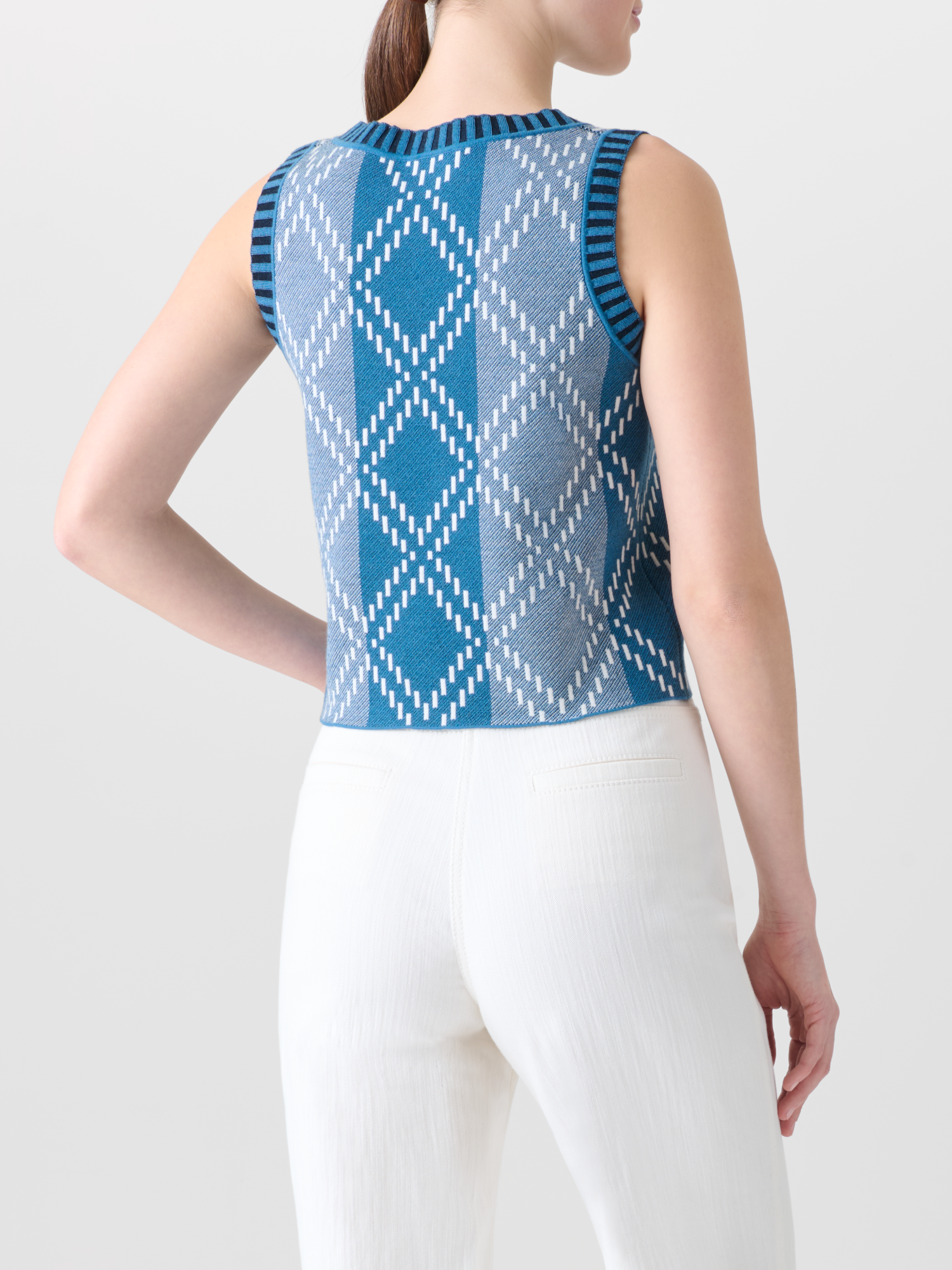 Designer Kurze Merino-Stricktop mit Diamant-Jacquard - Blau - Bunt 