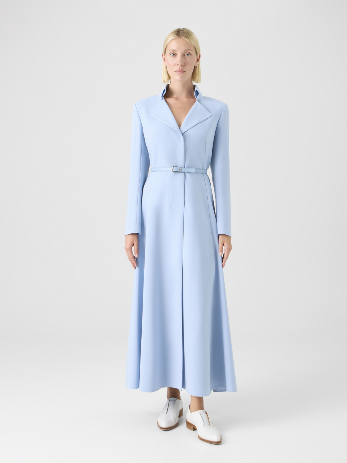 Designer Midikleid mit Gürtel aus Wolle Doubleface - Blau #editorial