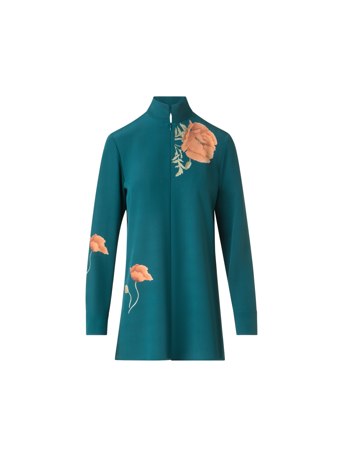 Designer Seidentunika-Bluse mit Anemone Druck - Grün - Bunt