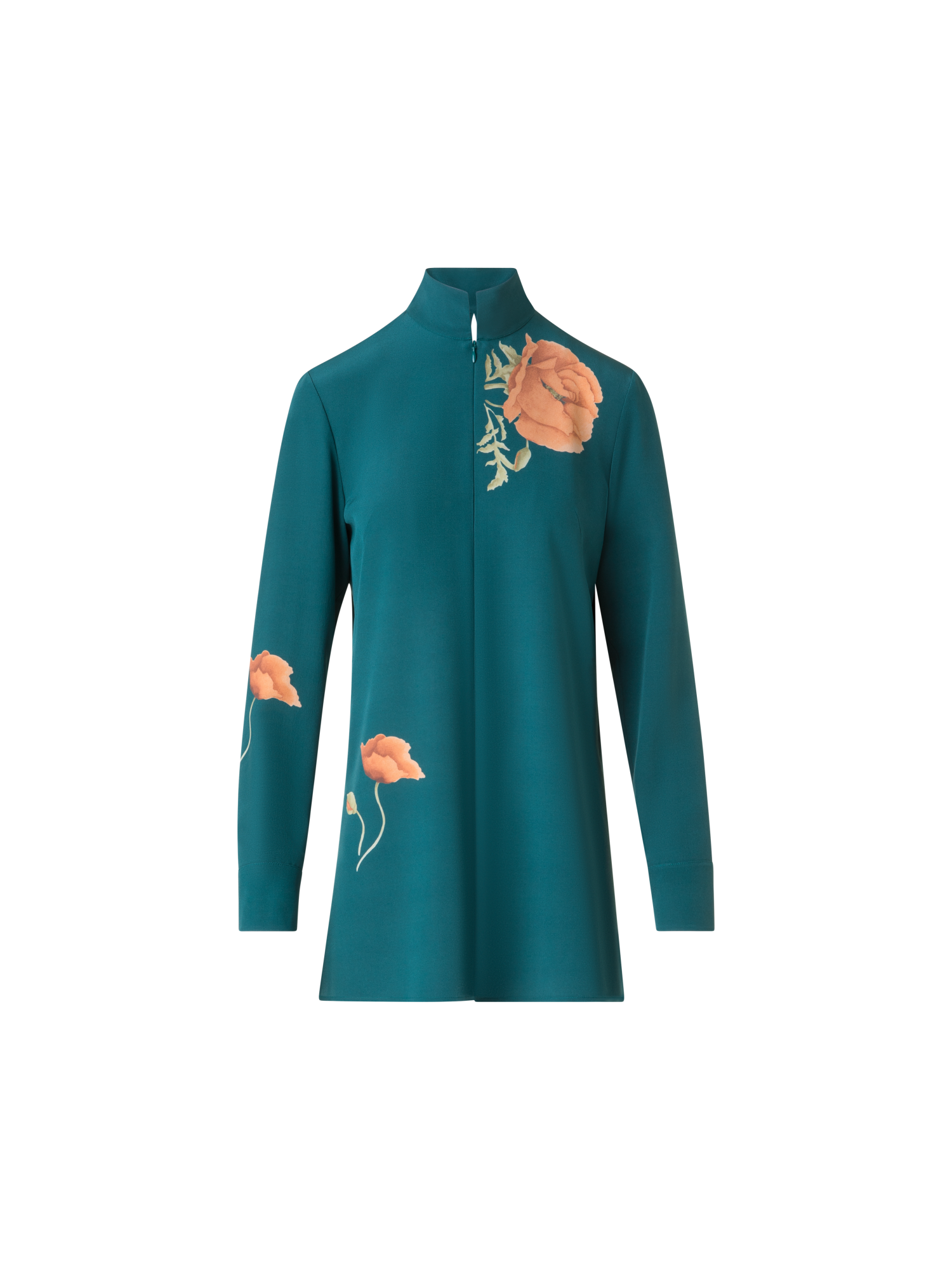 Designer Seidentunika-Bluse mit Anemone Druck - Grün - Bunt