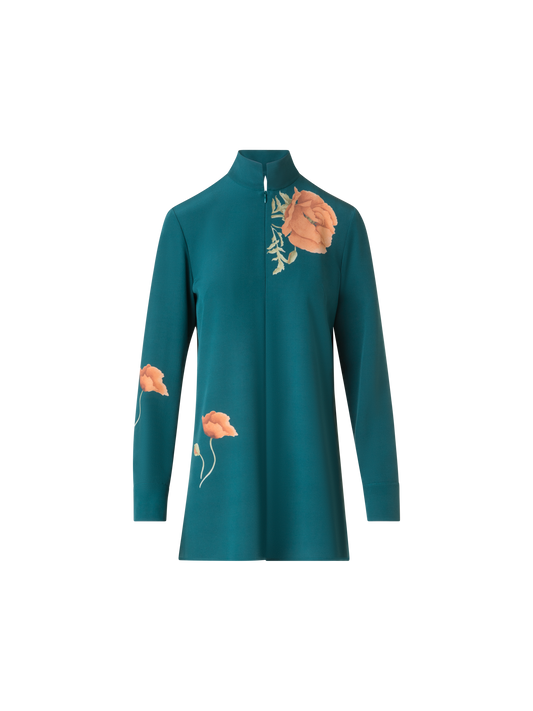 Designer Seidentunika-Bluse mit Anemone Druck - Grün - Bunt