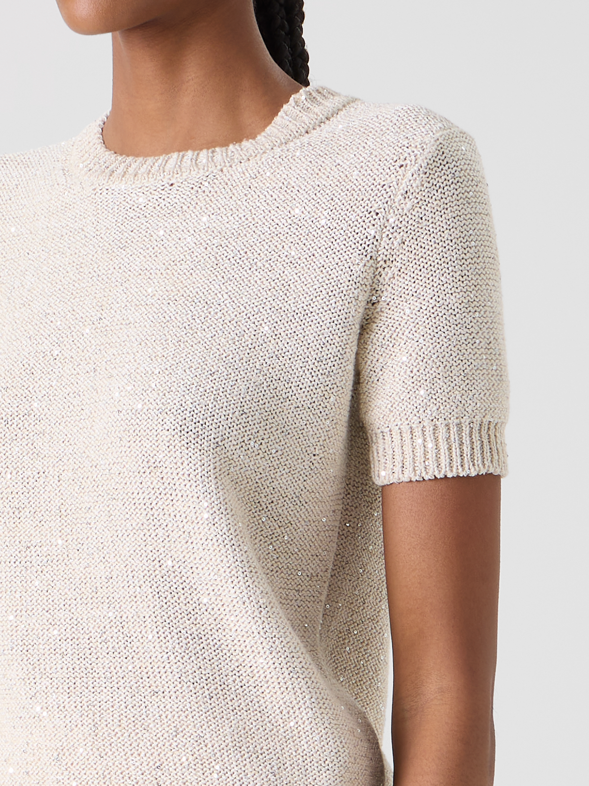 Designer Kurzärmliger Leinen-Baumwoll-Pullover mit Pailletten - Beige #editorial