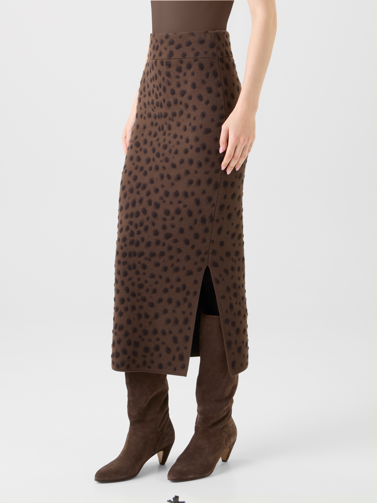 Designer Merino Wolle Schlauchjupe im Leopard Jacquard - Braun #editorial