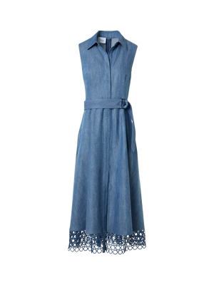 Designer Denim-Hemdblusenkleid mit Ösen-Guipure - Blau