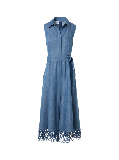 Designer Denim-Hemdblusenkleid mit Ösen-Guipure - Blau