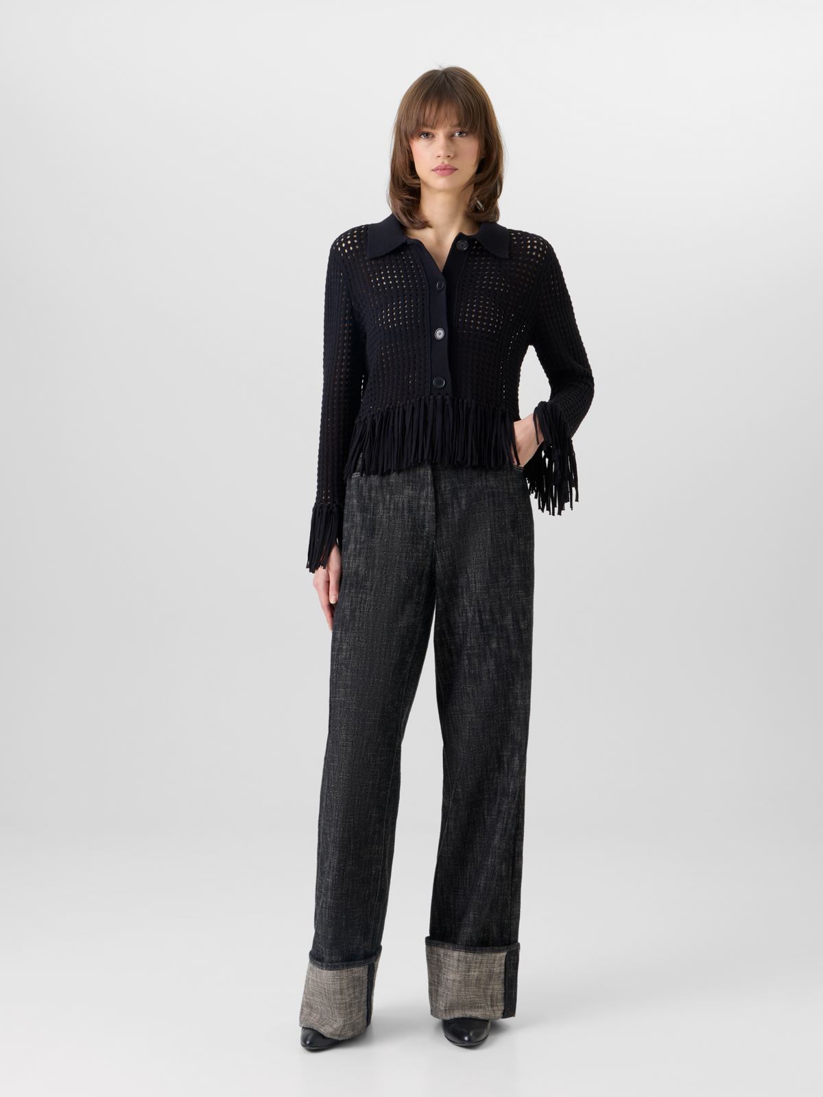 Designer Langärmelige, kurze Strickjacke aus grobem Baumwoll-Mesh - Schwarz #editorial