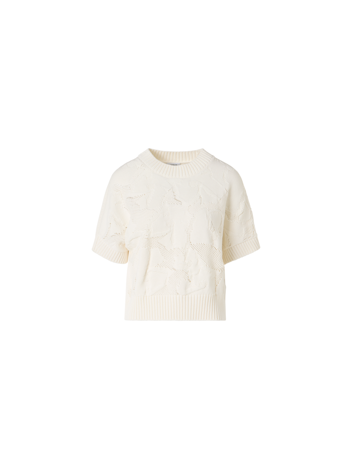 Designer Kurzärmeliger Strickpullover aus grobem Baumwollstrick mit Ajour - Ecru
