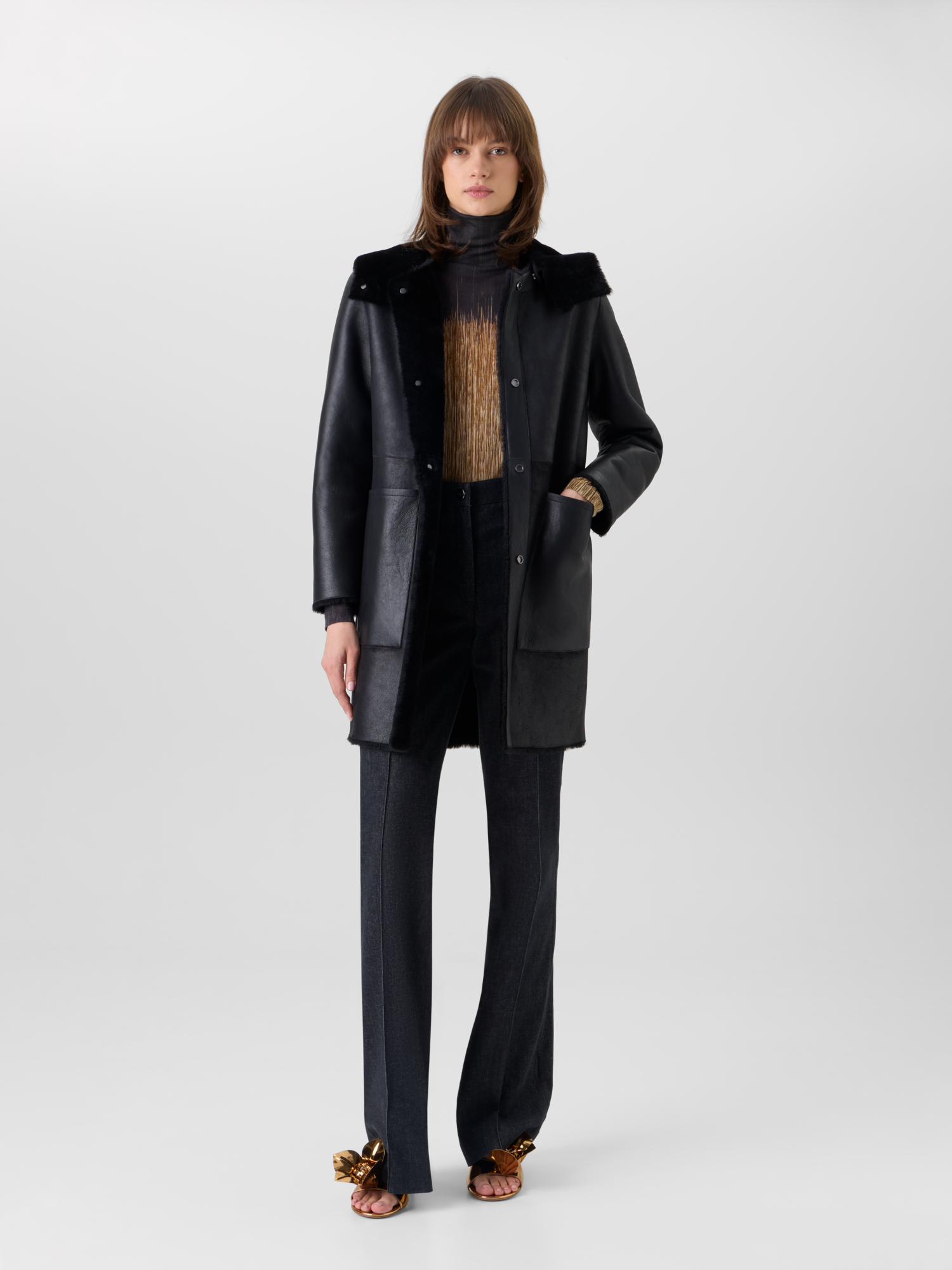 Designer Wendbarer Lamm-Shearling-Mantel mit Kapuze - Schwarz 
