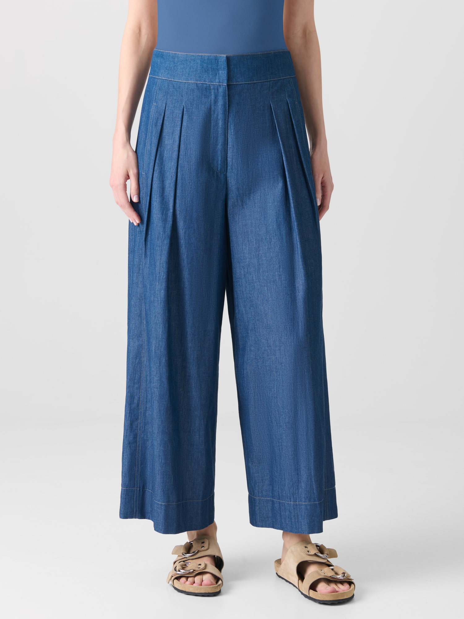 Designer Culottes Hose aus leichtem Baumwoll-Denim - Blau 