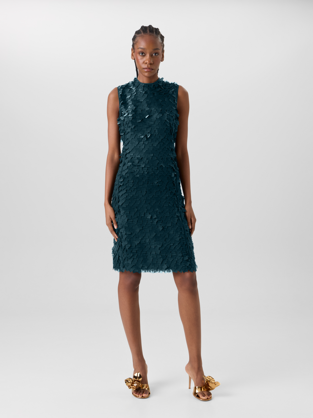 Designer Ärmelloses Etuikleid in Layered Organza Tiles - Grün 