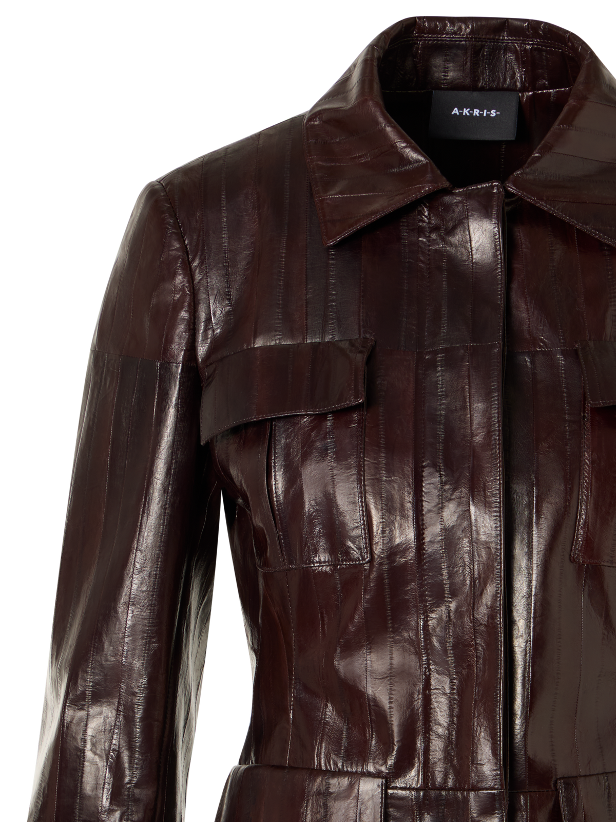 Designer Taillierte Jacke aus lackiertem Aalleder - Braun