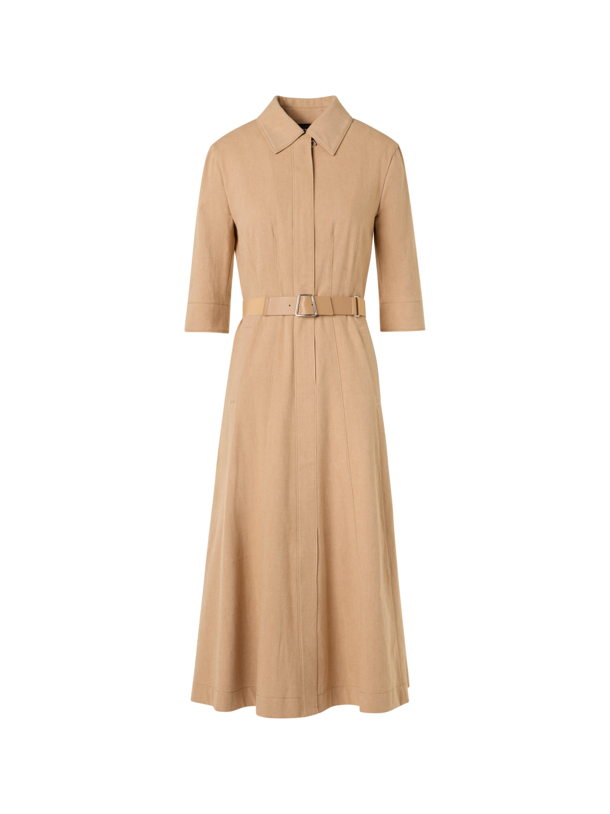Designer A-Linien-Midikleid aus Baumwoll-Denim-Stretch - Beige