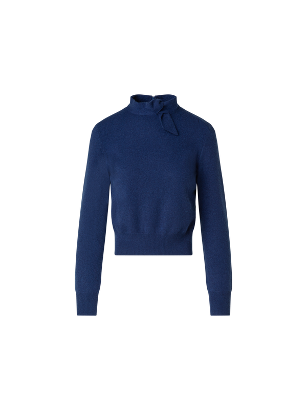 Designer Kaschmir Kurzarmpullover mit Knoten-Stehkragen - Blau