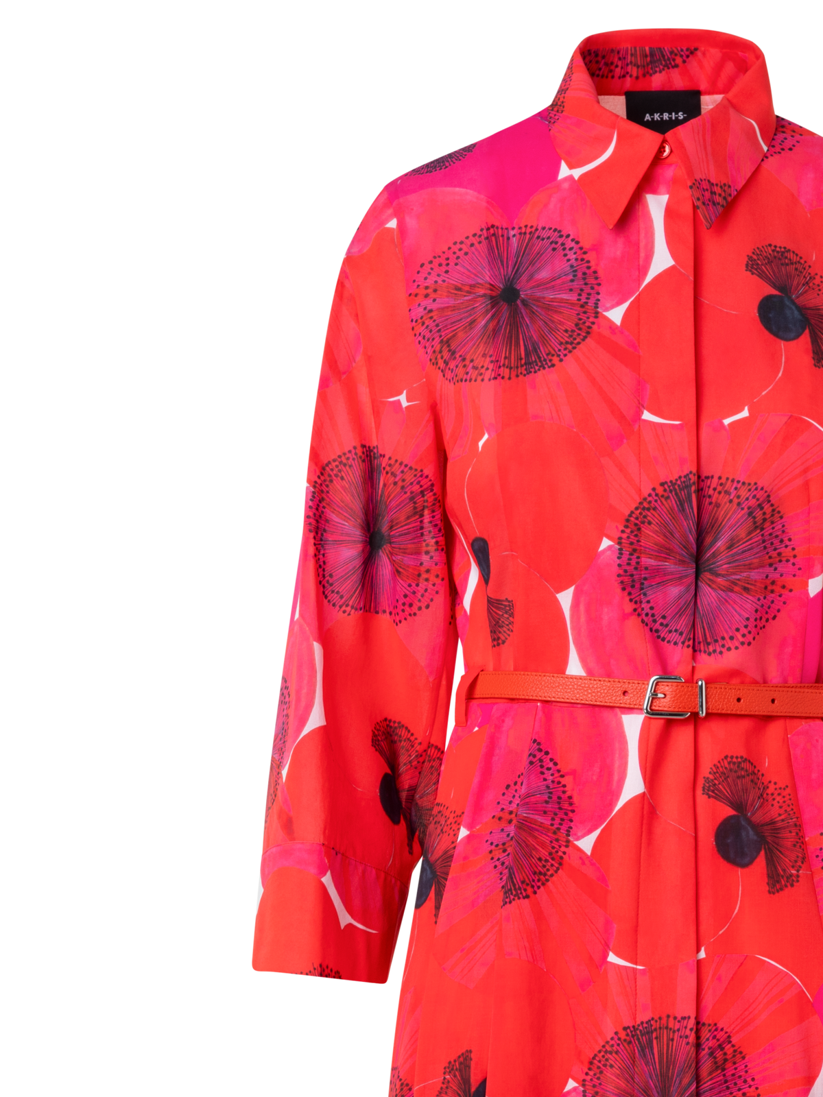 Designer Midi-Blusenkleid aus Baumwolle mit Poppy Druck - Bunt - Rot