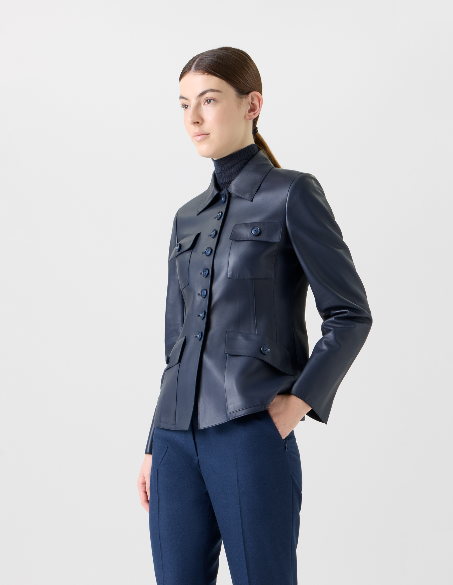 Designer Taillierte Leder Jacke mit aufgesetzten Taschen - Dunkelblau - Blau 