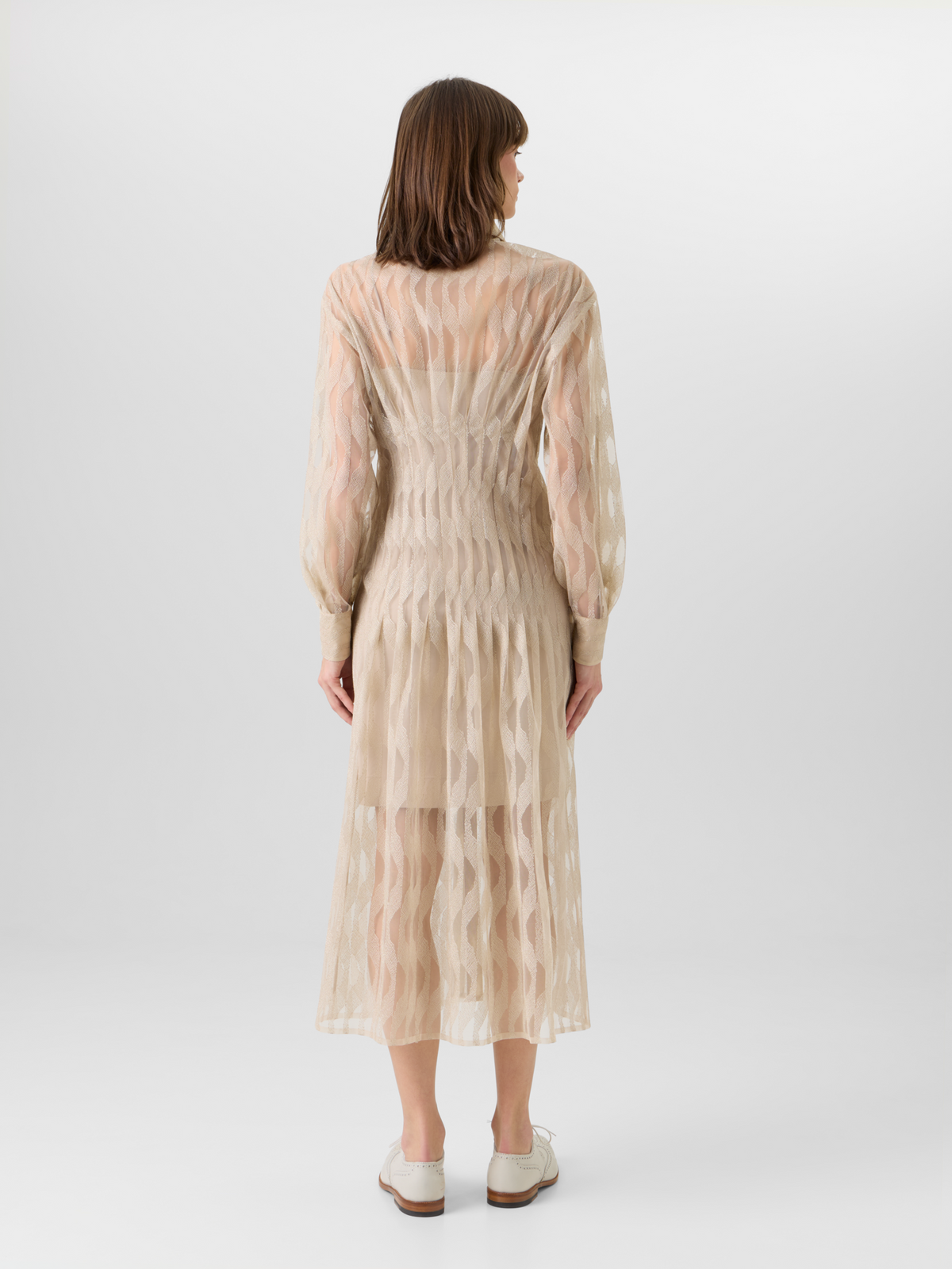 Designer Midi-Hemdblusenkleid mit High Plains Stickerei auf Tüll - Beige #editorial