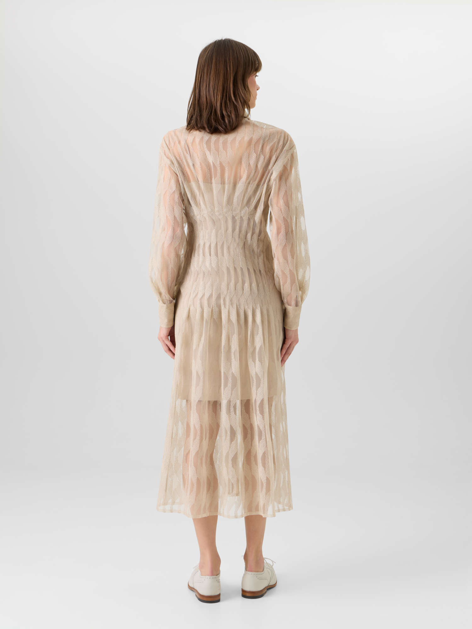 Designer Midi-Hemdblusenkleid mit High Plains Stickerei auf Tüll - Beige 