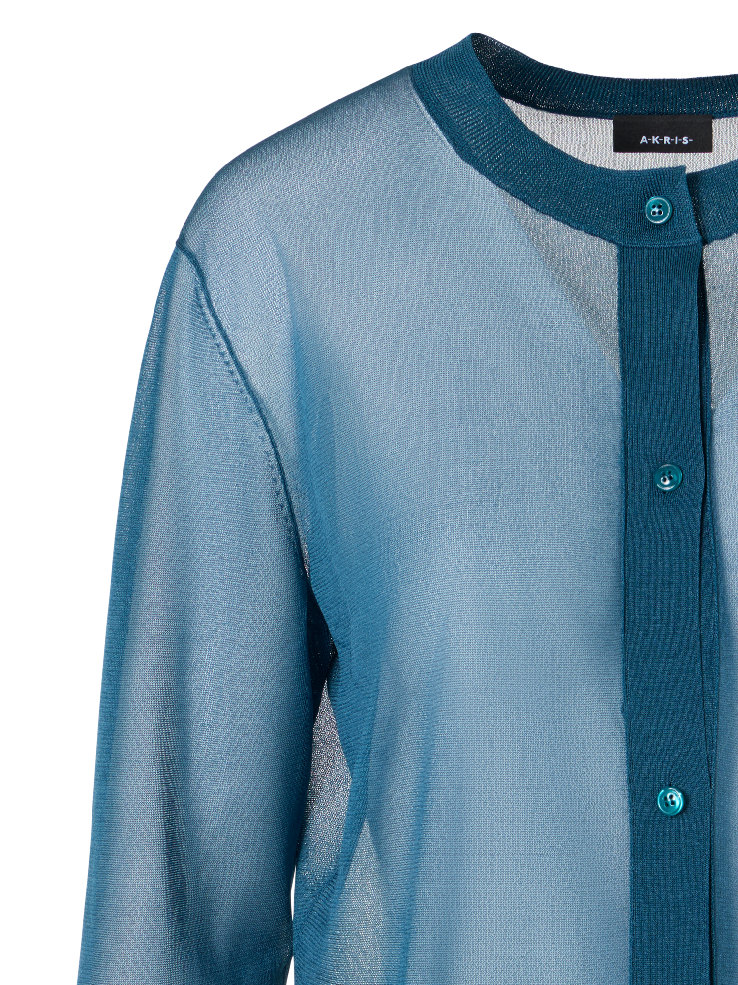 Designer Langärmelige, lange Strickjacke aus transparentem Seidenstrick - Blau