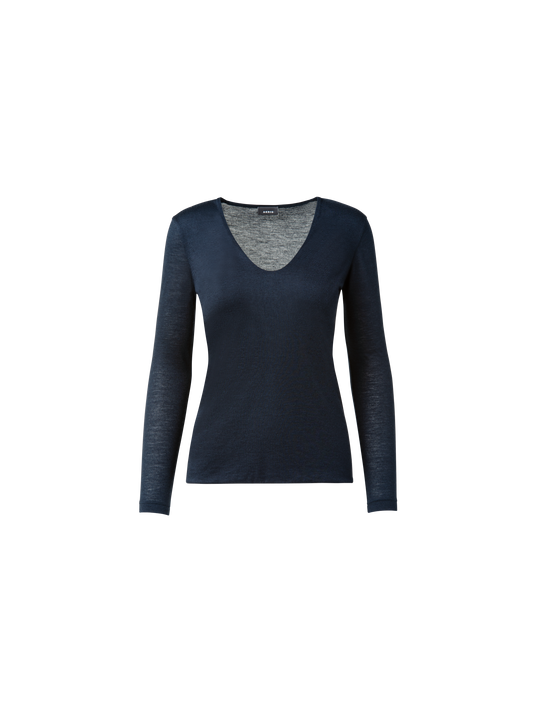 Designer Shirt aus Kaschmir und Seide mit V-Ausschnitt - Dunkelblau - Blau