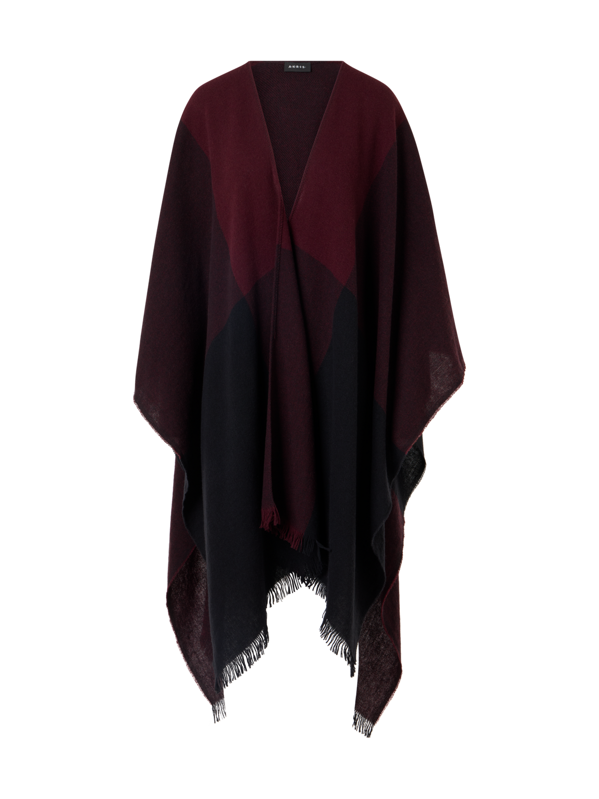 Designer Karierter Cape-Schal aus Wolle-Kaschmir mit Fransen - Rot - Weinrot