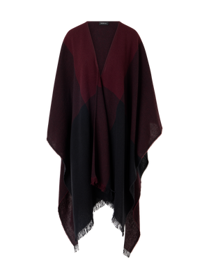 Designer Karierter Cape-Schal aus Wolle-Kaschmir mit Fransen - Rot - Weinrot