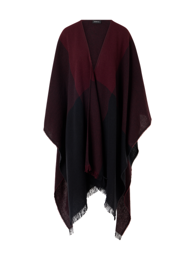 Designer Karierter Cape-Schal aus Wolle-Kaschmir mit Fransen - Rot - Weinrot