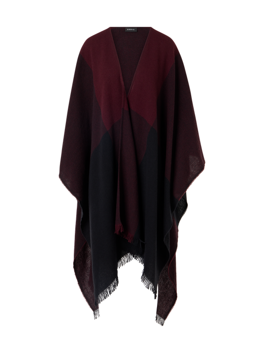 Designer Karierter Cape-Schal aus Wolle-Kaschmir mit Fransen - Rot - Weinrot