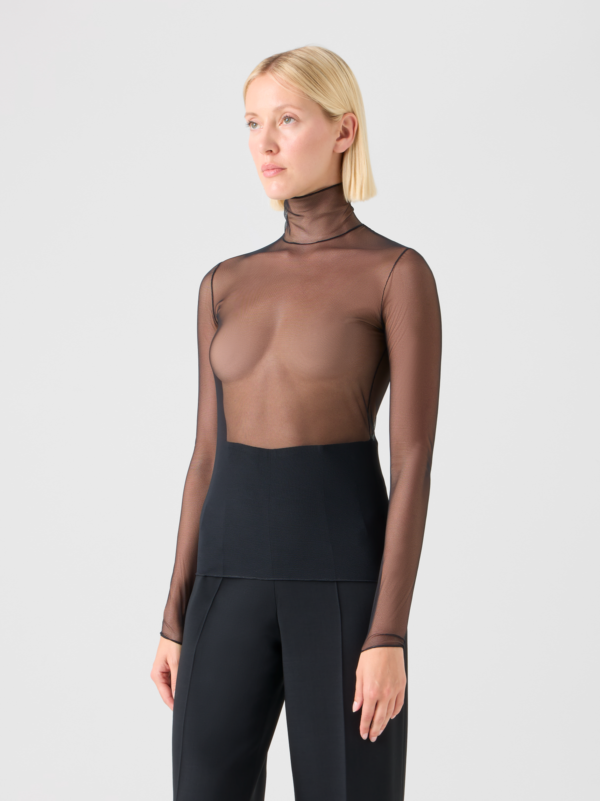 Designer Transparentes Stretch-Tüll-Top mit Stehkragen - Schwarz #editorial