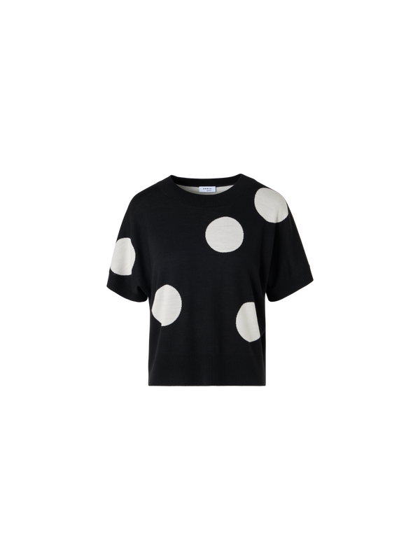 Designer Kurzärmeliger Strickpullover mit Punkte-Intarsie - Schwarz