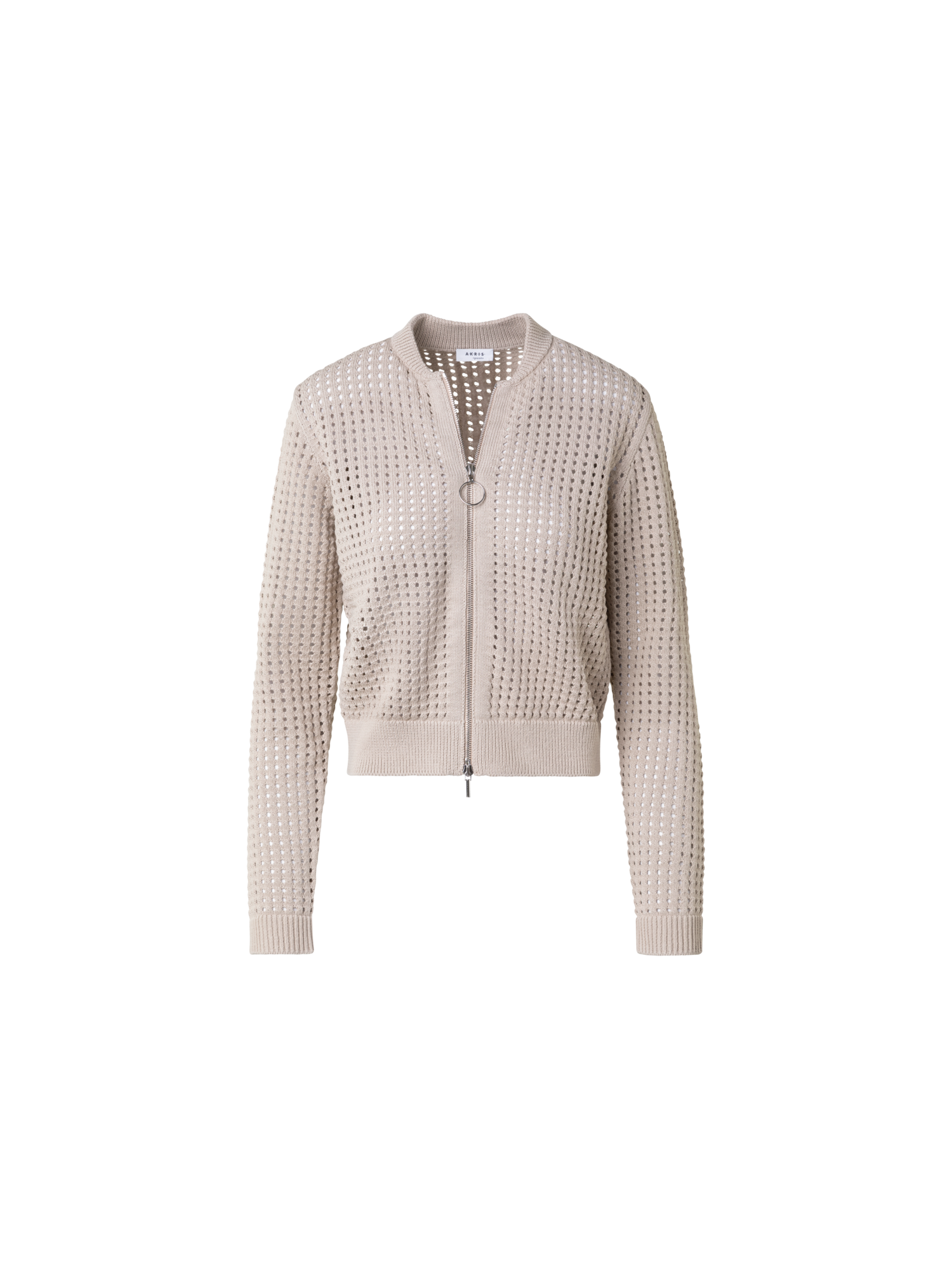 Designer Baumwoll-Mesh-Strickjacke im Bomber-Stil - Beige