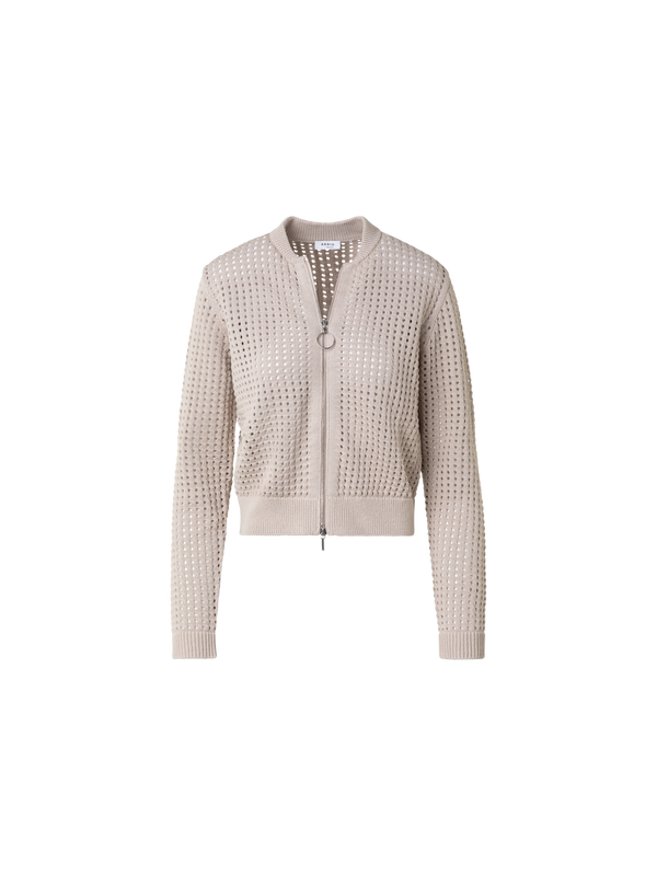 Designer Baumwoll-Mesh-Strickjacke im Bomber-Stil - Beige