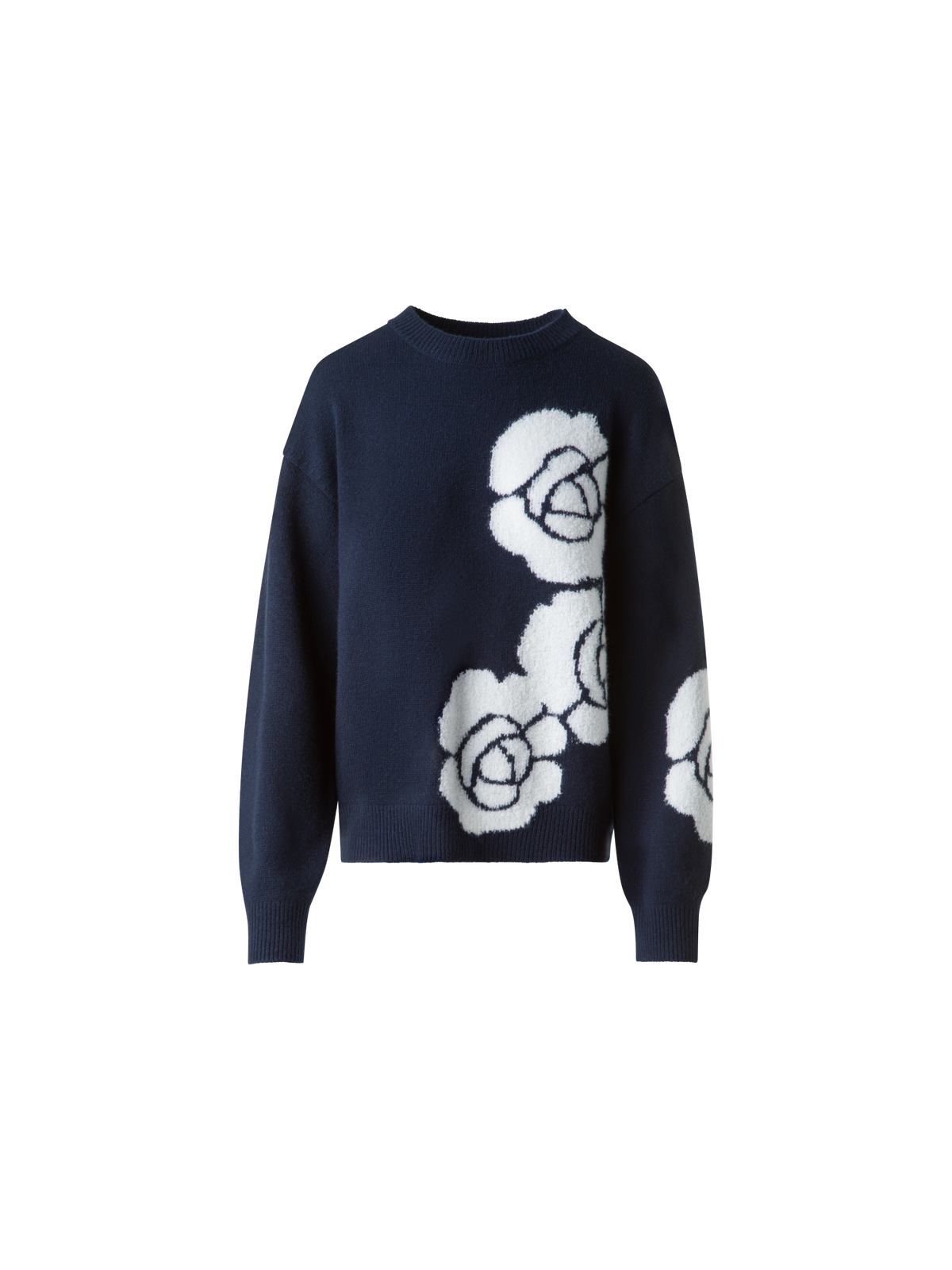 Designer Kaschmir-Seiden-Pullover mit Anemone Intarsie - Dunkelblau - Blau - Bunt