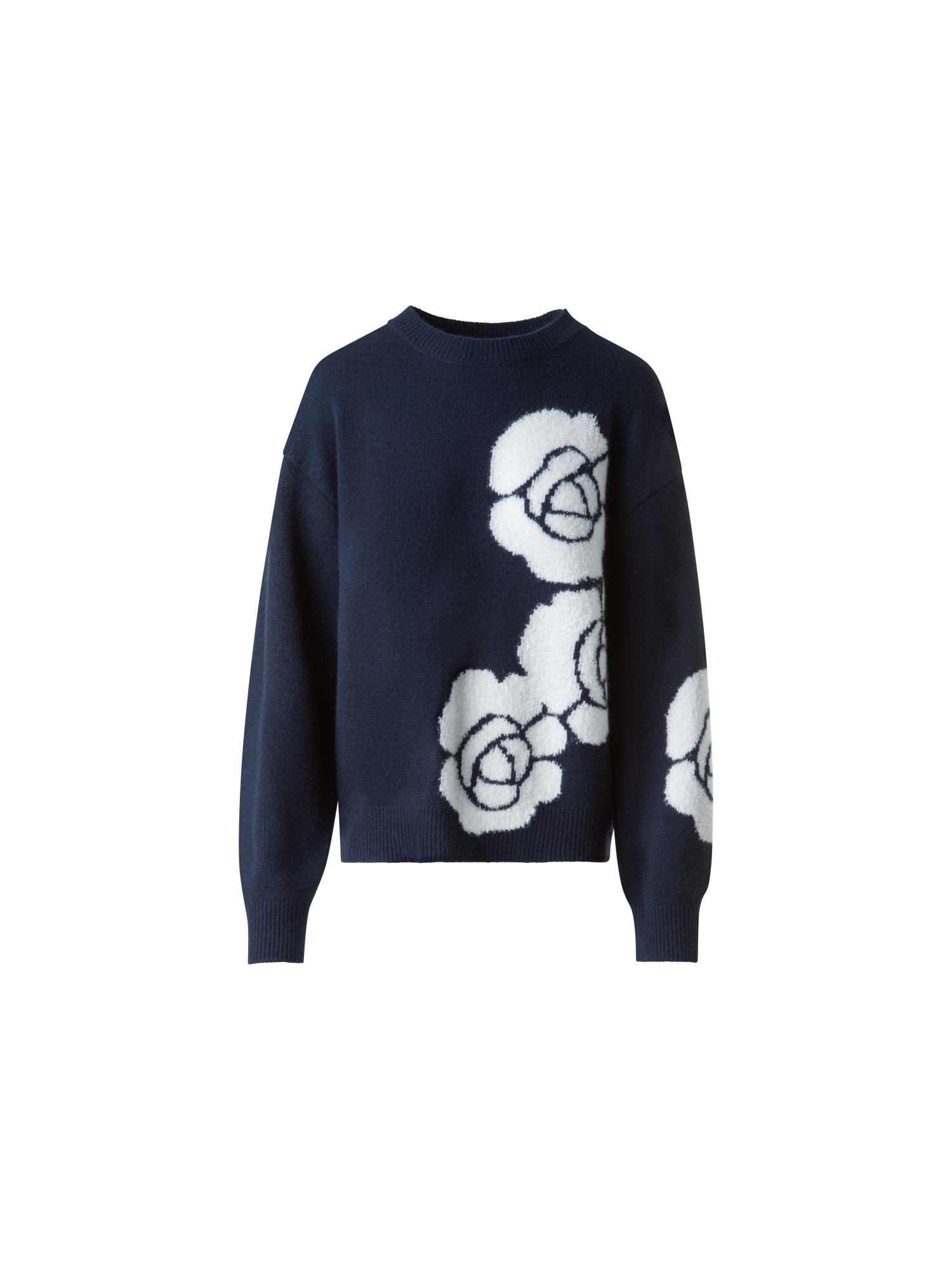 Designer Kaschmir-Seiden-Pullover mit Anemone Intarsie - Dunkelblau - Blau - Bunt