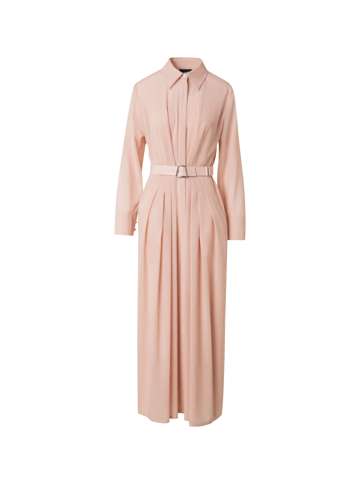 Designer Langärmeliges Baumwoll-Blusenkleid mit Gürtel - Beige