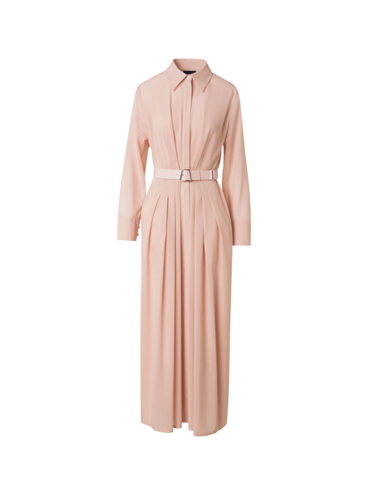 Designer Langärmeliges Baumwoll-Blusenkleid mit Gürtel - Beige