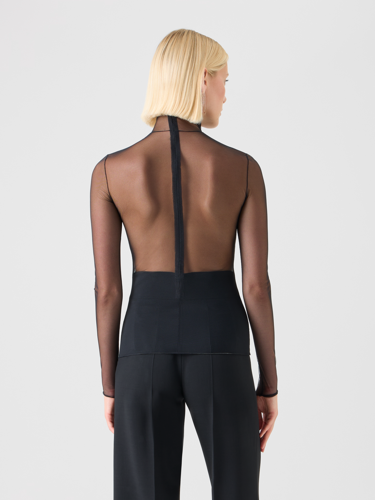 Designer Transparentes Stretch-Tüll-Top mit Stehkragen - Schwarz #editorial