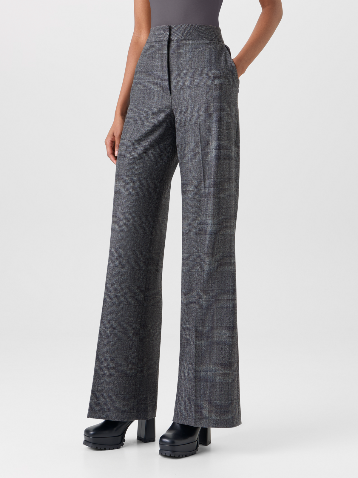 Designer Weite Hose aus Wolle mit Glencheck - Grau - Schwarz 