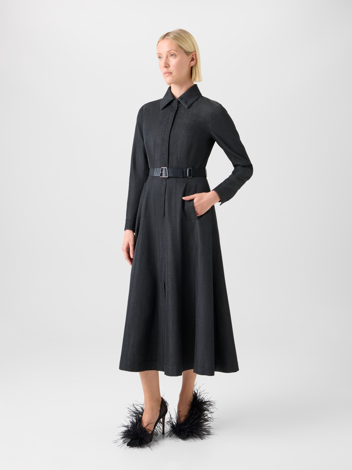 Designer Stretch Cotton Denim Midi Hemd-Kleid mit Gürtel - Grau 