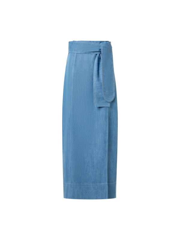 Designer Midi-Bleistiftrock aus Viskose-Denim mit Wickeldetail - Blau