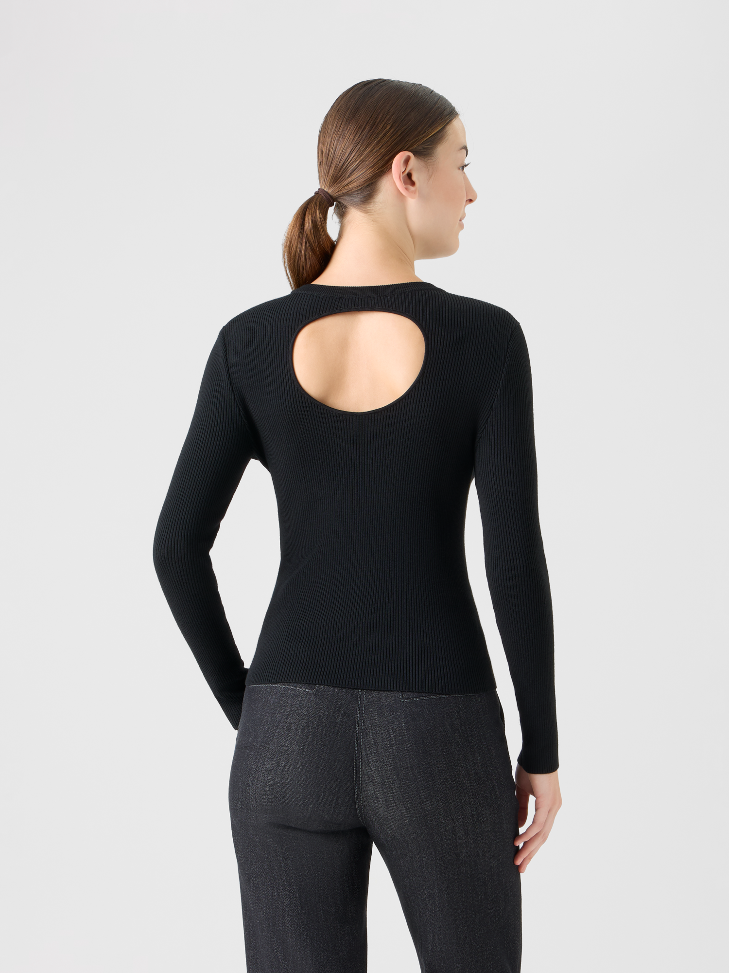 Designer Pullover aus Merinowolle mit Dot-Cut-Out auf der Rückseite - Schwarz 