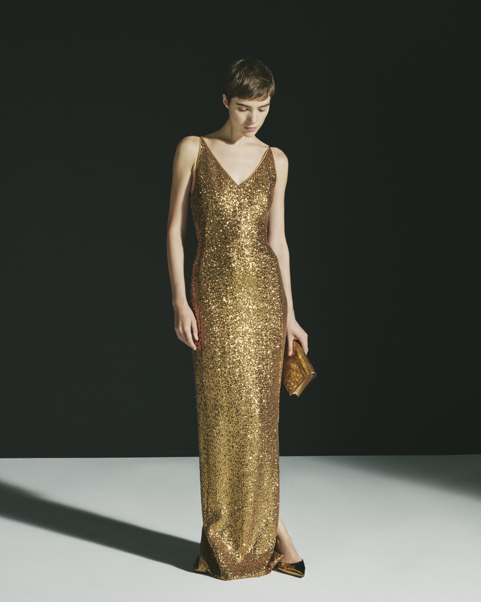 Designer Langes Pailletten-Abendkleid mit V-Ausschnitt - Gold 