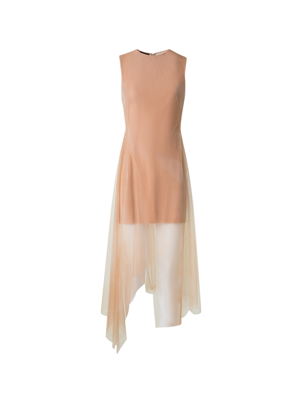 Designer Transparentes Tüll-Kleid mit Chiaroscuro Druck - Beige