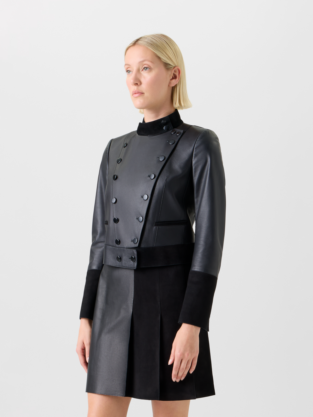 Designer Kurze Taillierte Leder Doppelreiher Jacke - Schwarz #editorial