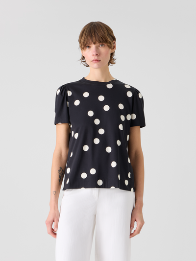 Designer Baumwolljersey-T-Shirt mit Puffärmeln und Polka-Dots - Schwarz #editorial
