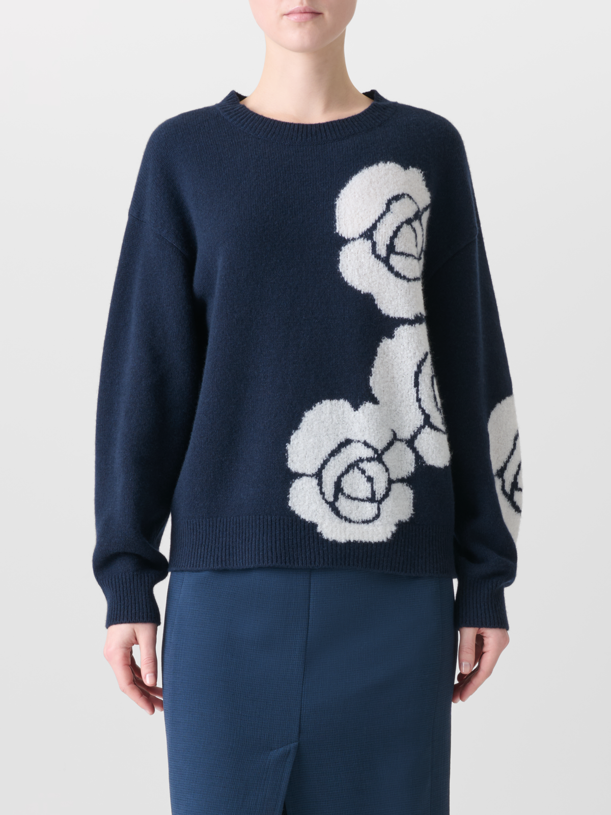 Designer Kaschmir-Seiden-Pullover mit Anemone Intarsie - Dunkelblau - Blau - Bunt